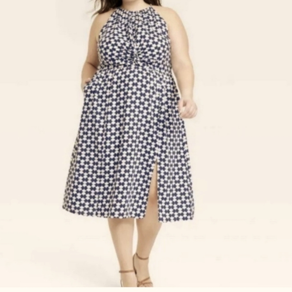 Ava & Viv , NWT Women's Linen, Navy Print , Halter, Midi Dress Plus SZ XXL